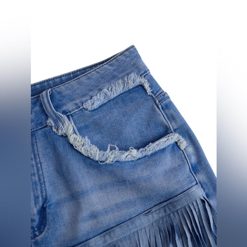 Oyrosy Vintage Washed Raw Edge Tassel Light Blue Denim Culottes NWT - Picture 4 of 15